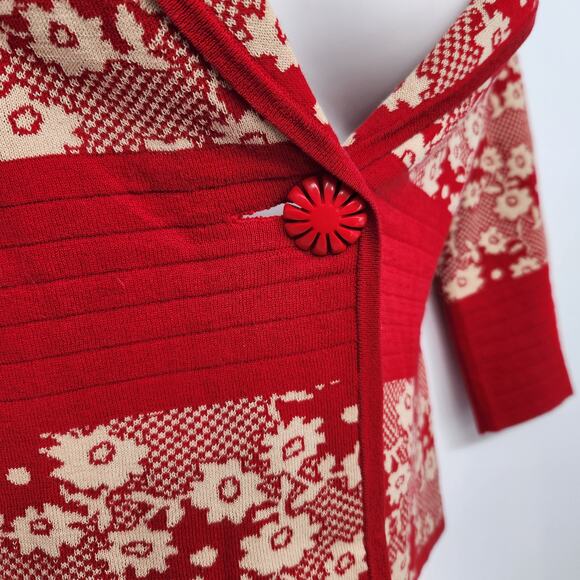 Anthropologie Moth Red Beige Cropped Floral Sweater Cardigan Women's S - Picture 6 of 8